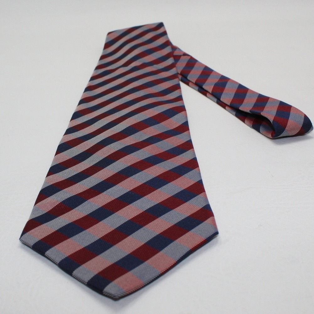 IZOD Mens Silk Necktie Burgundy Navy Blue Grey Gingham Plaid Check Pattern‎